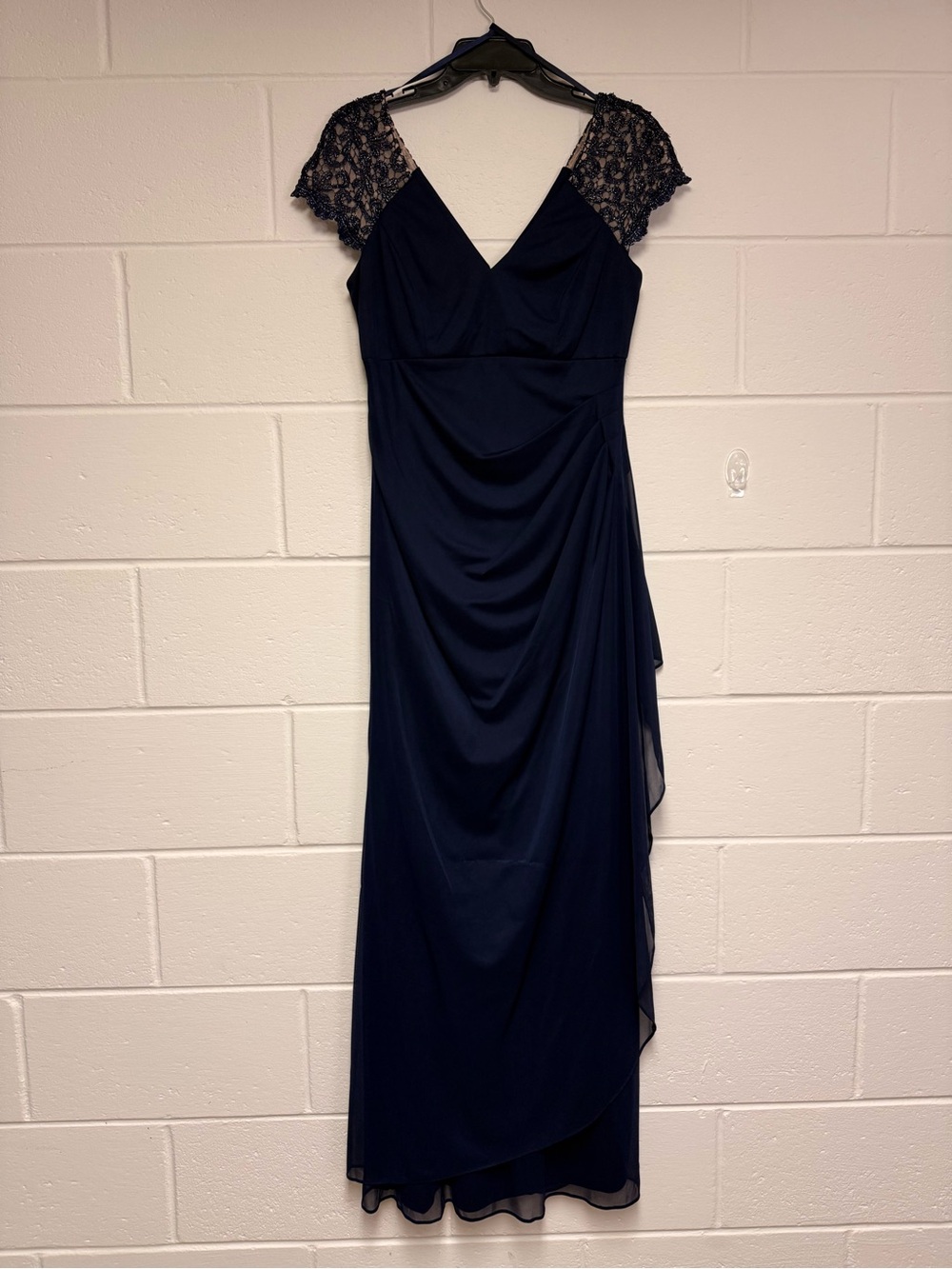 Navy Lace Cap-Sleeve Evening Gown